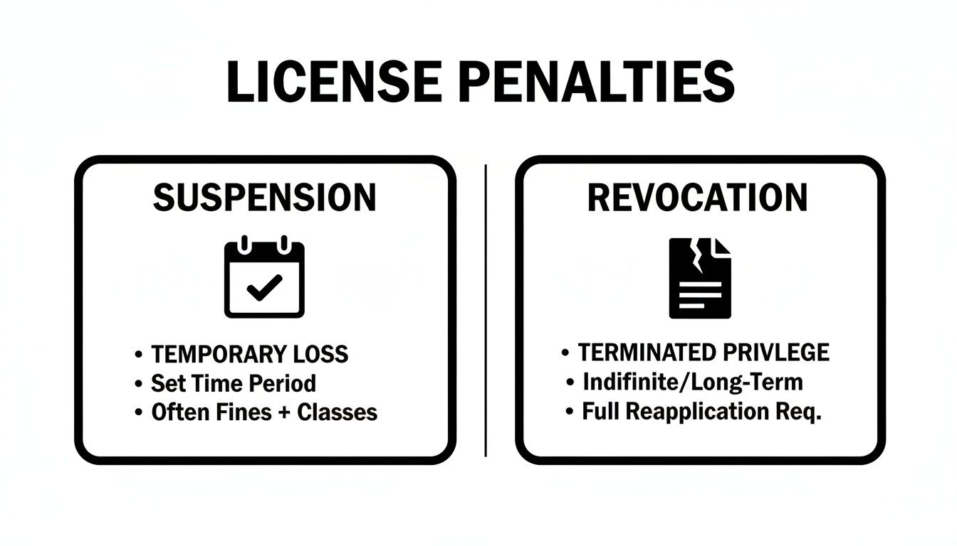 Infographic comparing license suspension (temporary loss) and revocation (terminated privilege) penalties.