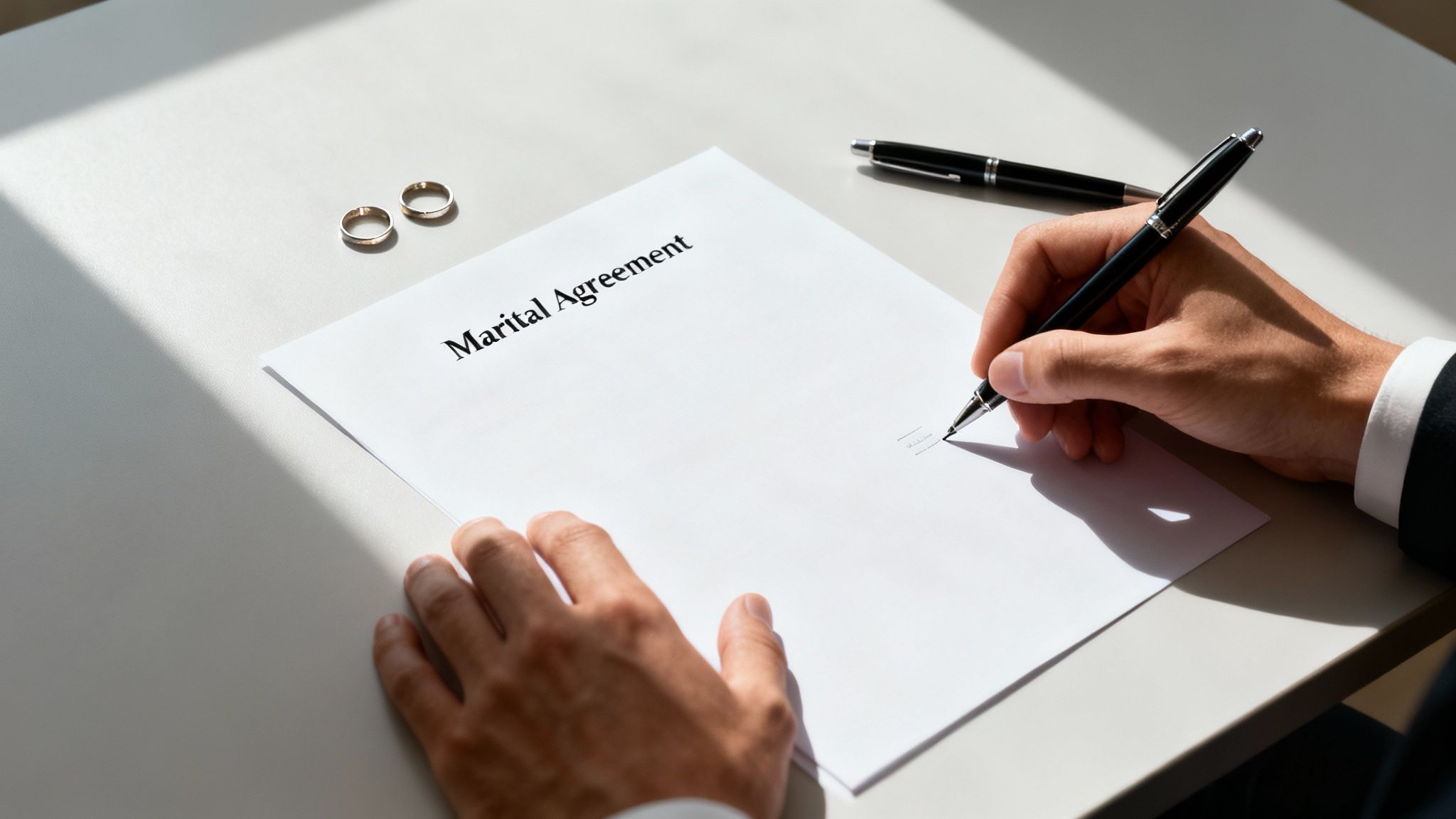 A man's hands signing a marital agreement document with two wedding rings nearby on a white table.