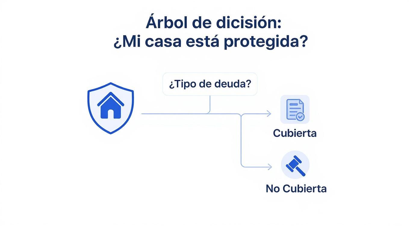Diagrama de árbol de decisión mostrando protección de vivienda según tipo de deuda, con opciones cubierta o no cubierta
