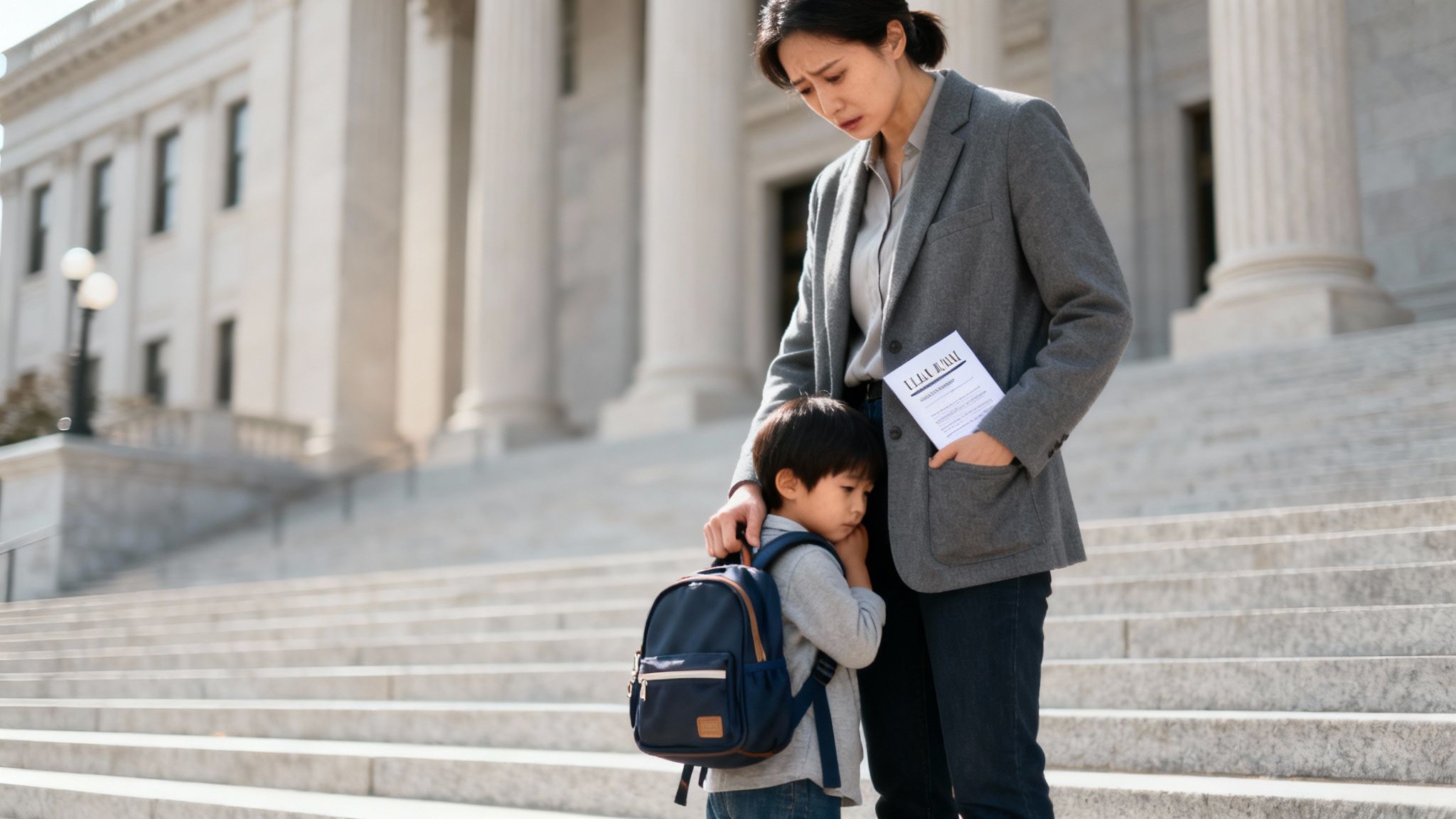 A distressed mother and child stand outside a courthouse, the mother holding legal documents.