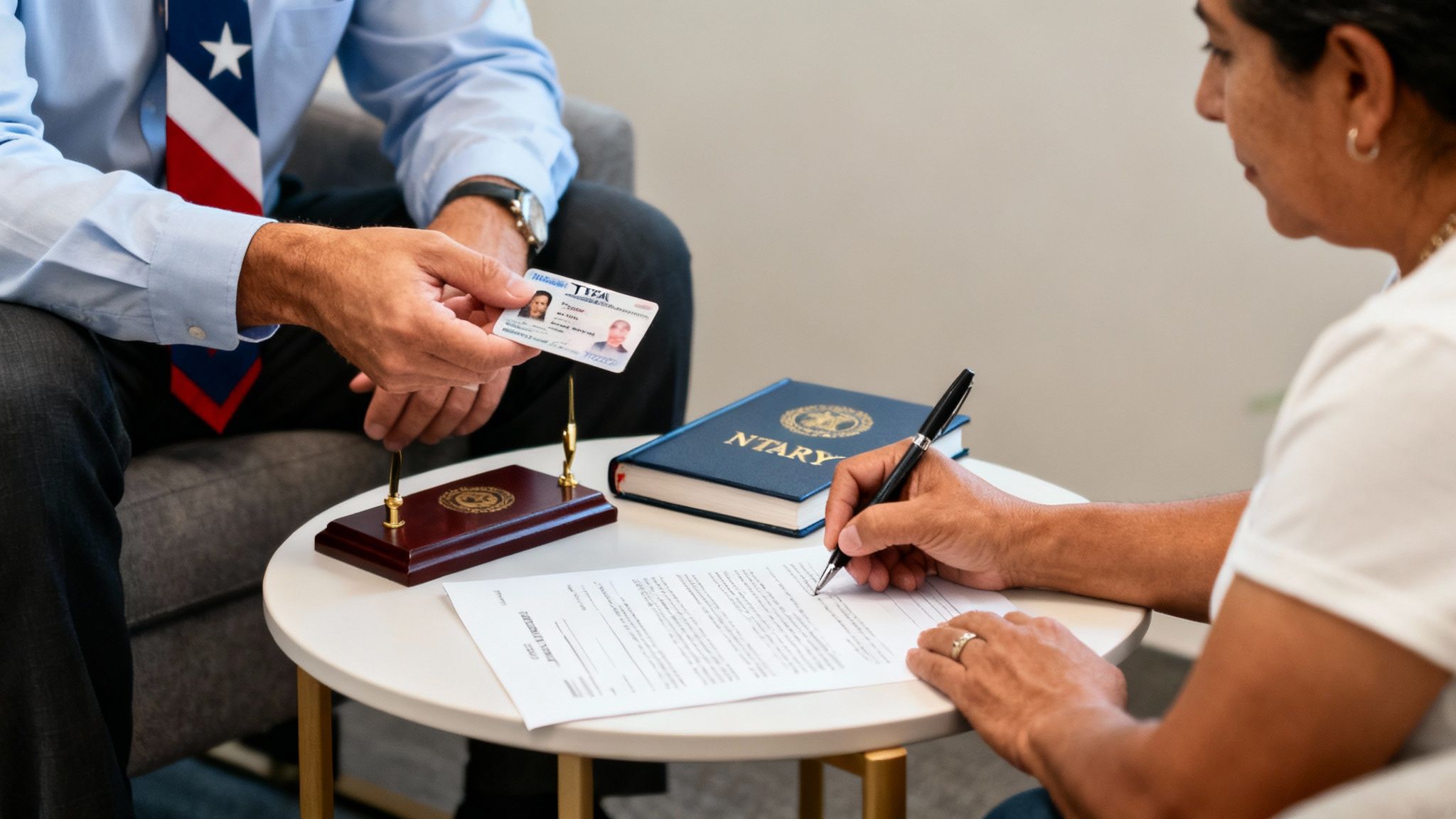 Un notario público revisa una identificación mientras una mujer firma un documento en una mesa.
