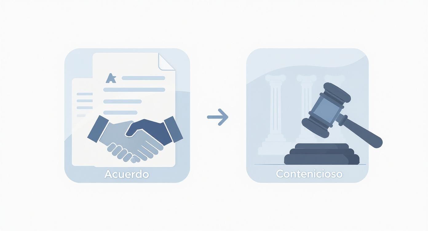 Infográfico que muestra el flujo de un proceso de divorcio, contrastando la ruta de un acuerdo amistoso con la de un proceso contencioso que llega a la corte.