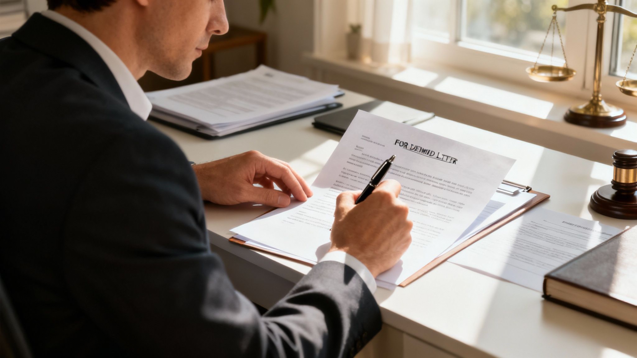 A person calmly reviewing documents at a desk with a laptop, representing a methodical approach to a legal issue.
