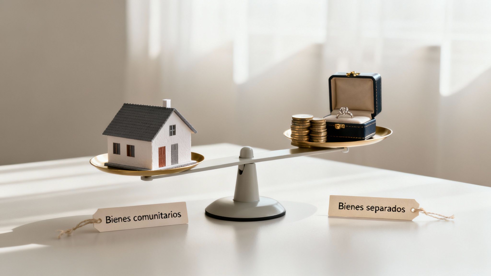 Balanza comparando bienes comunitarios (casa) y bienes separados (anillo, monedas) en un contexto de divorcio o separación.