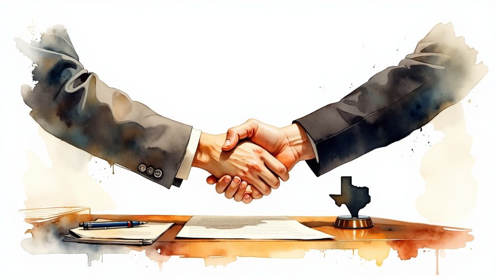 Handshake between two individuals over a signed agreement on a desk, featuring a Texas outline emblem, symbolizing the selection of a divorce attorney in Humble, TX.