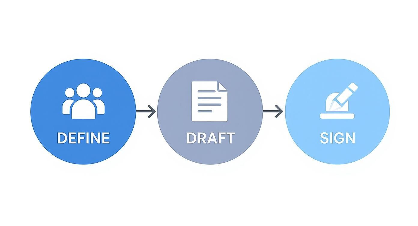 Flowchart illustrating the trust creation process, featuring steps: define key individuals, draft trust documents, and sign the final agreement, relevant to estate planning in Texas.