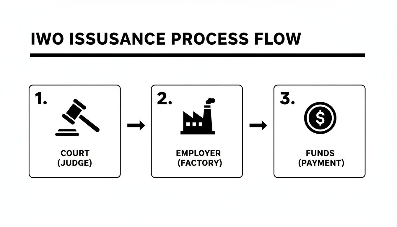A three-step process flow diagram for IWO issuance, showing court, employer, and funds payment stages.