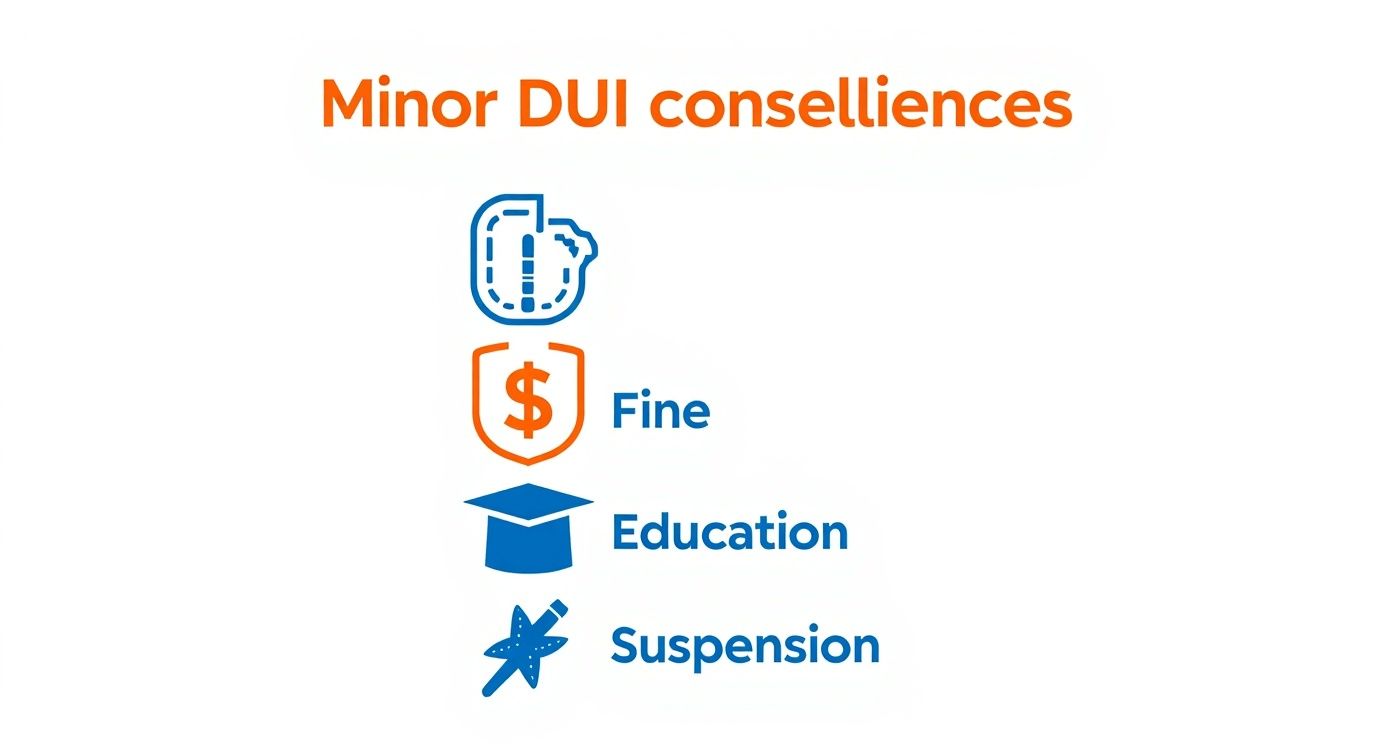 An infographic showing a summary box on Minor DUI consequences in Texas, with icons for fines, education, and license suspension.