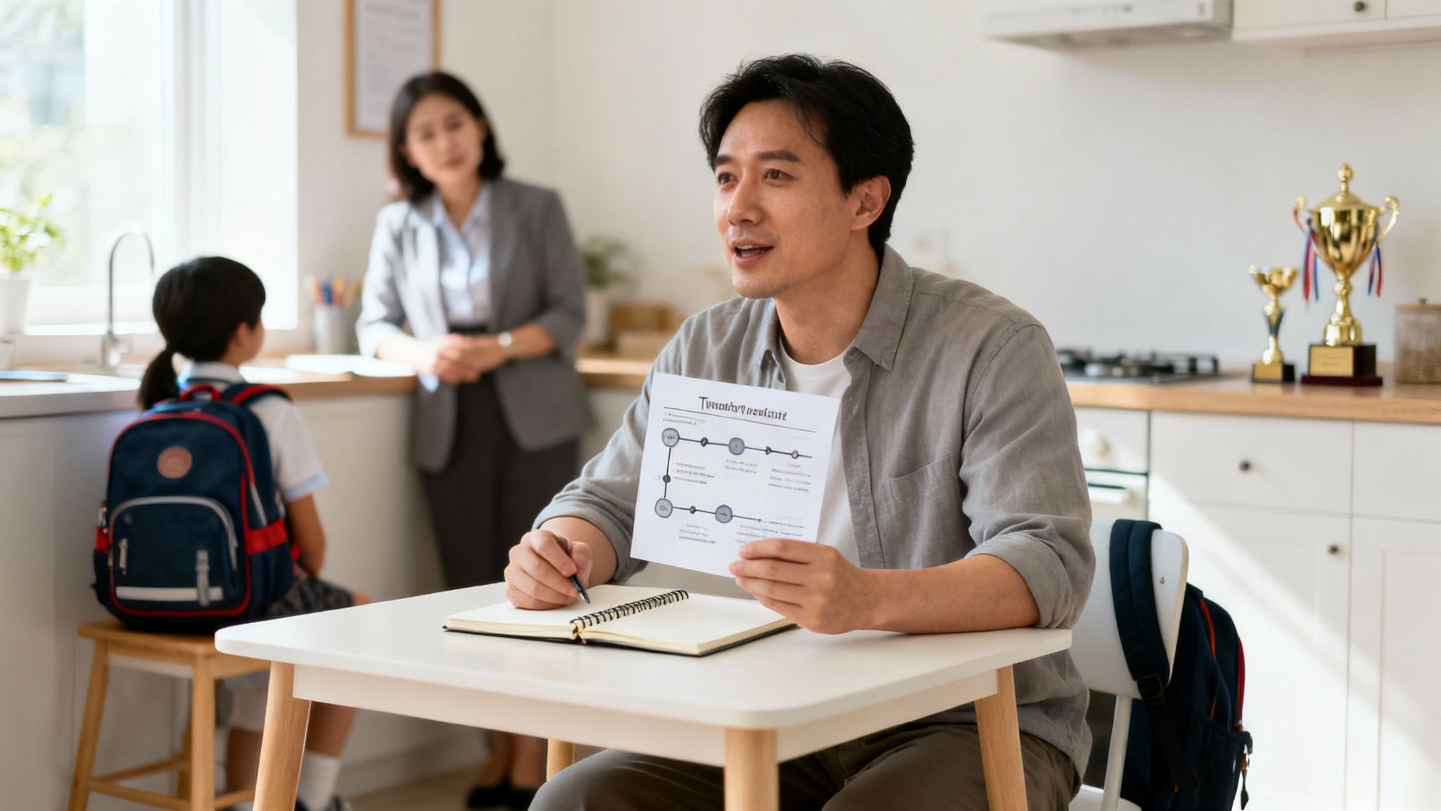 A father holds a legal document, discussing with his family in the kitchen, possibly preparing for a custody hearing.