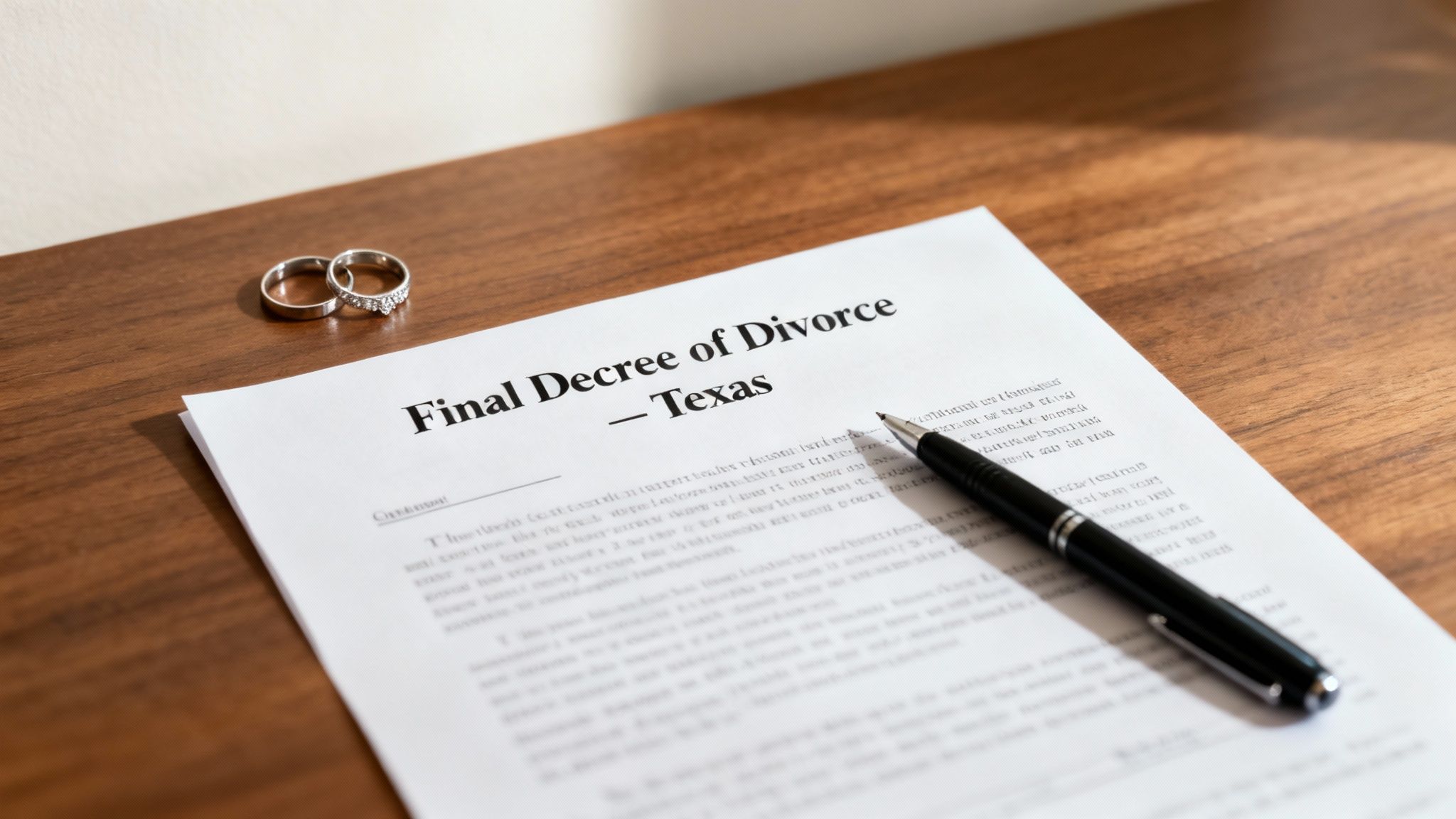 Final decree of divorce document for Texas with wedding rings and pen on wooden table