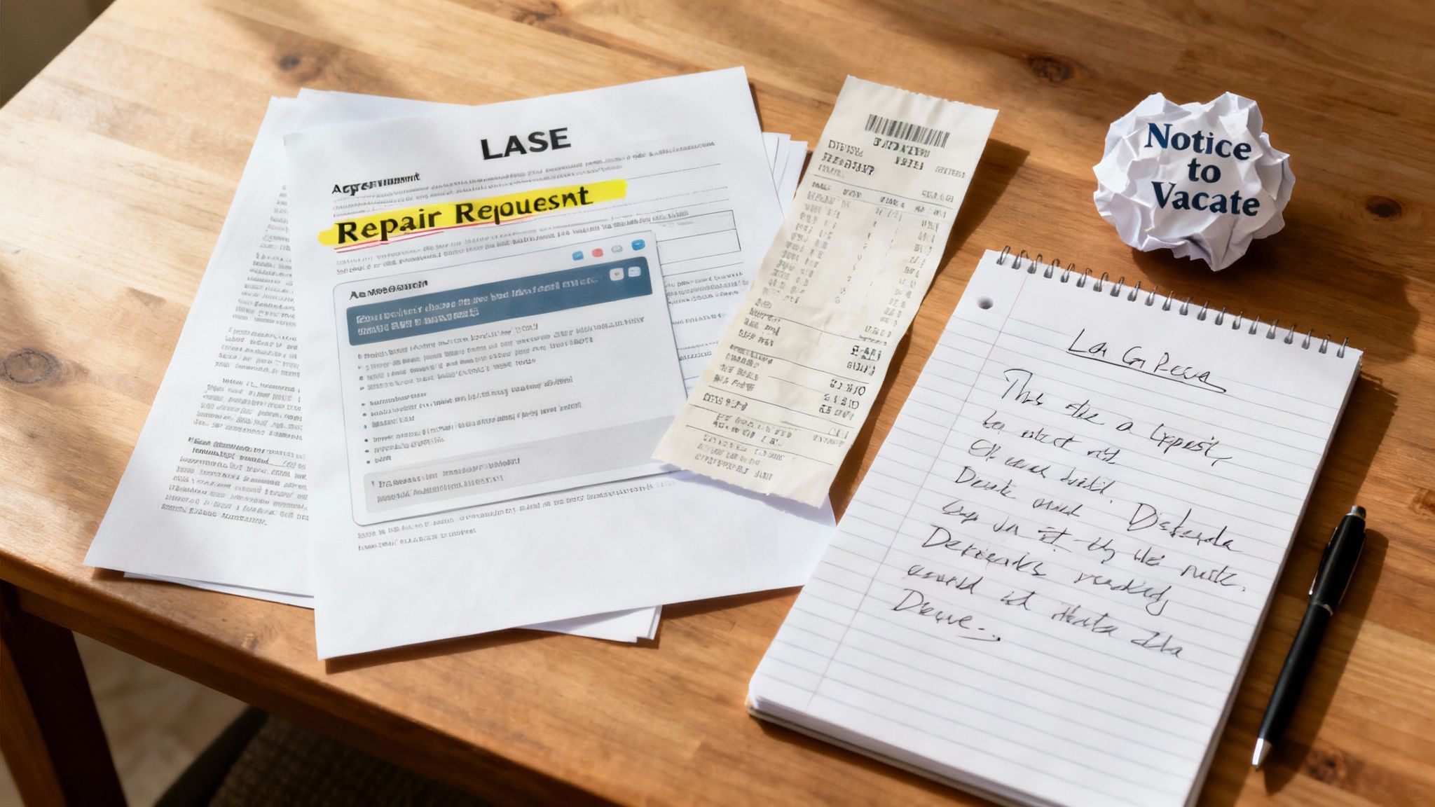 Documents related to eviction appeal, including a lease agreement, repair request, receipt, and a crumpled "Notice to Vacate," emphasizing tenant rights in Texas eviction processes.