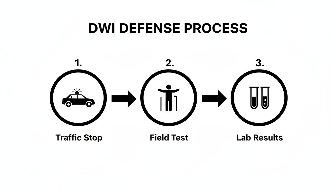 Flowchart illustrating the DWI defense process steps: traffic stop, field test, and lab results.