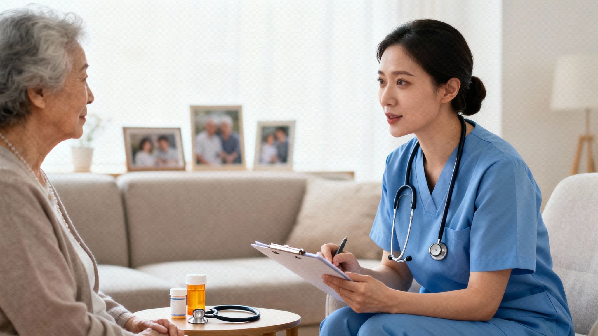 Healthcare professional in blue scrubs consulting with an elderly woman, discussing medical care and financial management, with prescription bottles on the table, in a home setting.