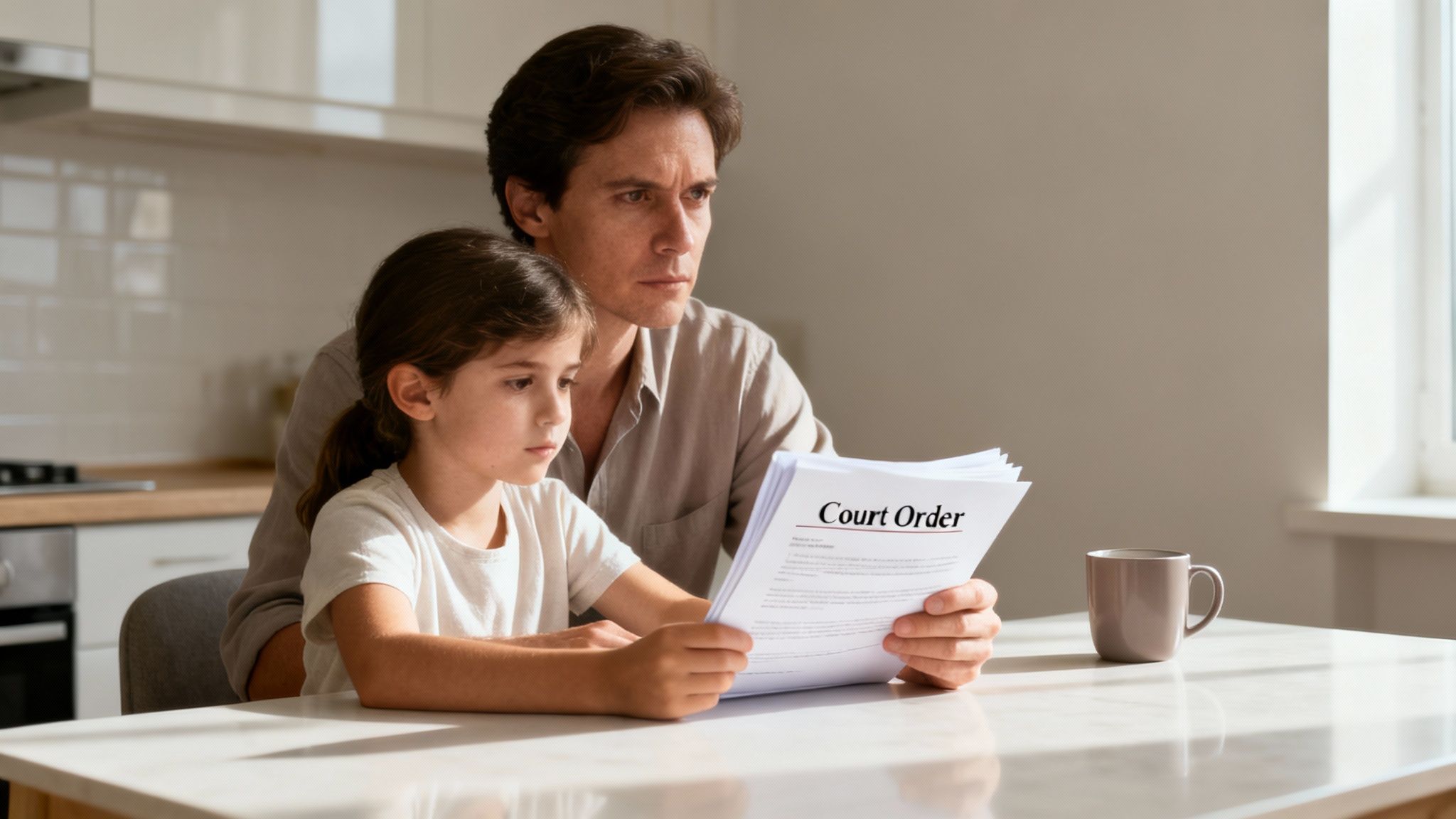 Concerned father and daughter attentively read a court order document at a kitchen table.
