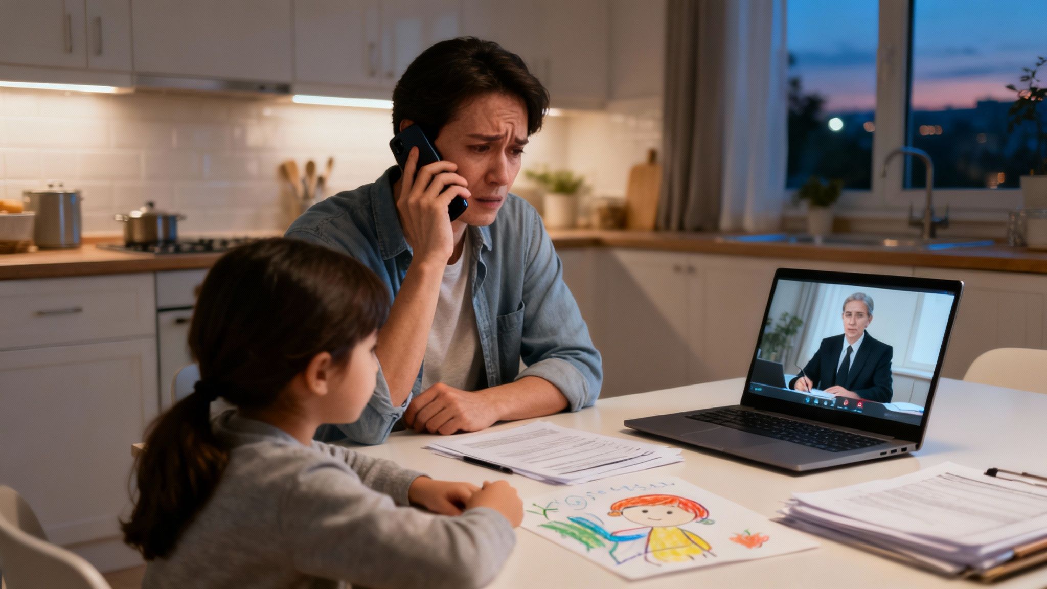 Distressed man on phone call with child drawing nearby, while a legal professional is on laptop video call.