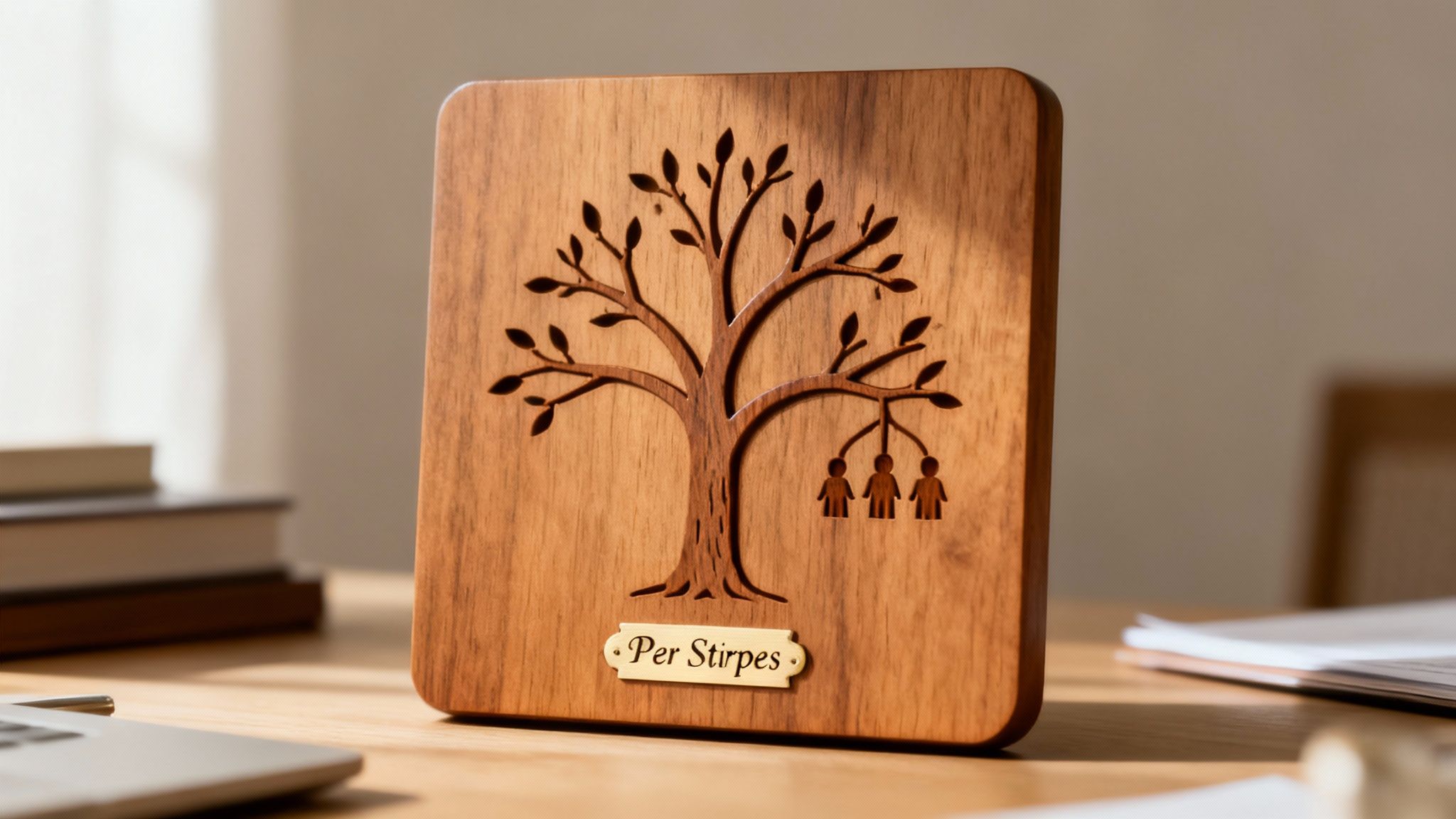 A wooden plaque with a carved family tree and three figures, engraved with 'Per Stirpes', on a desk.
