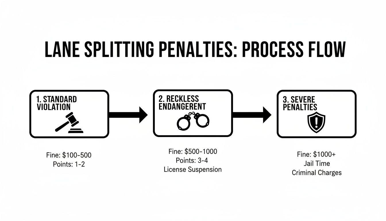 Flowchart showing three stages of lane splitting penalties: standard violation, reckless endangerment, and severe.