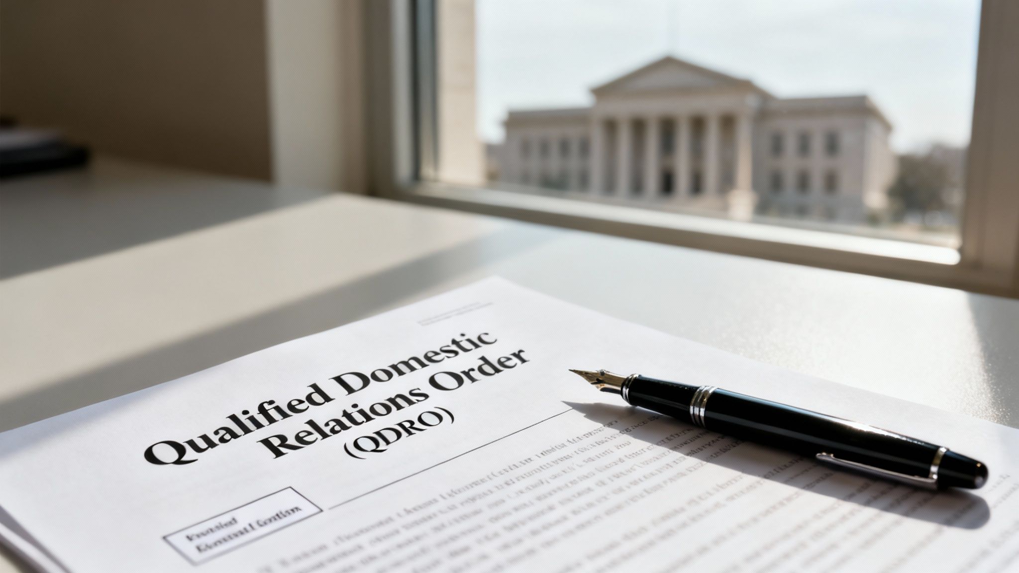A Qualified Domestic Relations Order (QDRO) document and pen on a desk, with a courthouse in the background.
