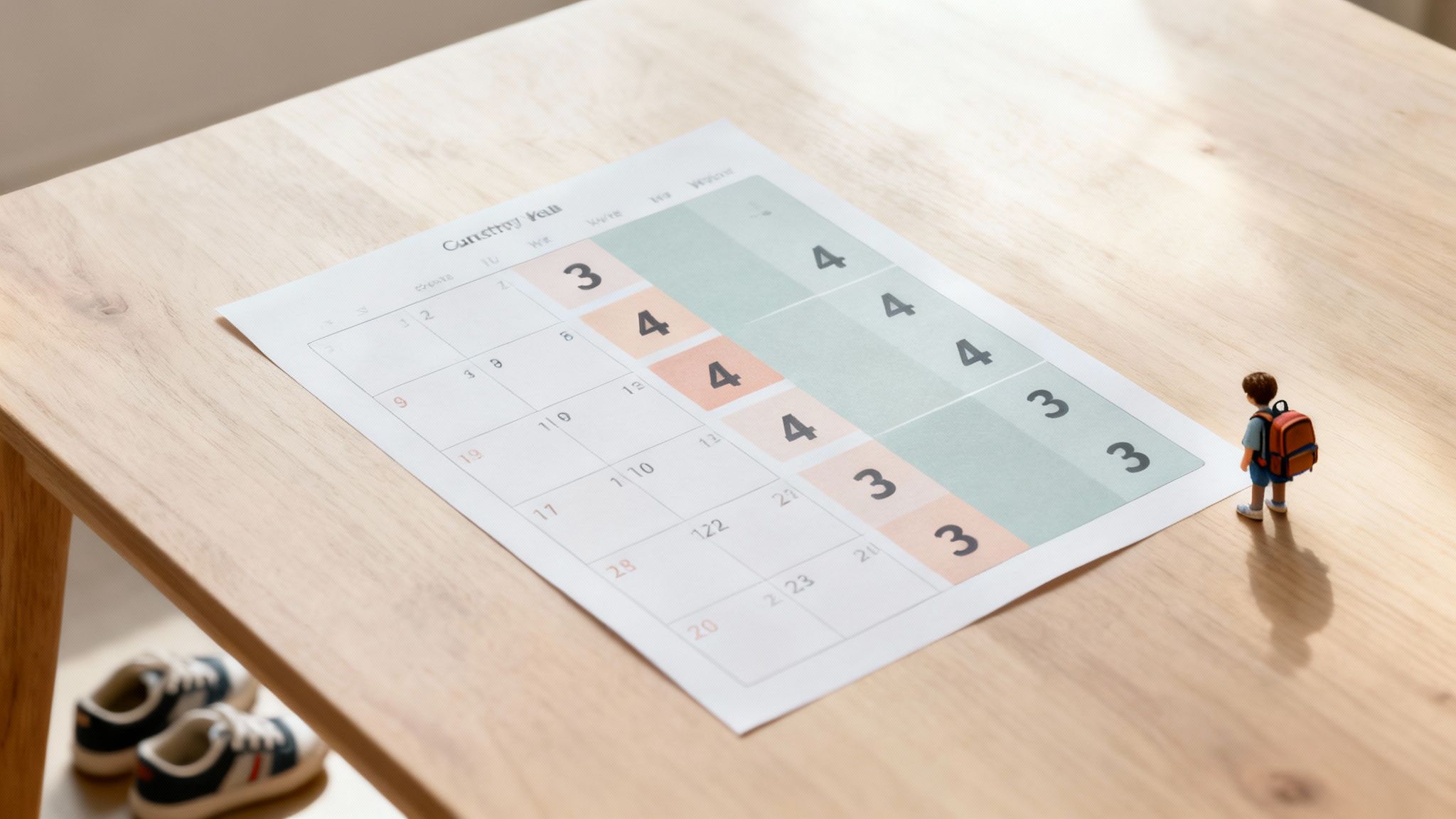 A child figurine stands by a custody schedule document on a wooden table with kids' shoes underneath.