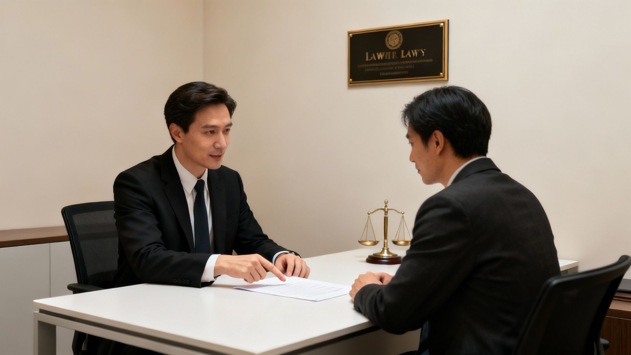 Lawyer consulting with client about Texas record expungement process, discussing legal documents on table, scales of justice in background.