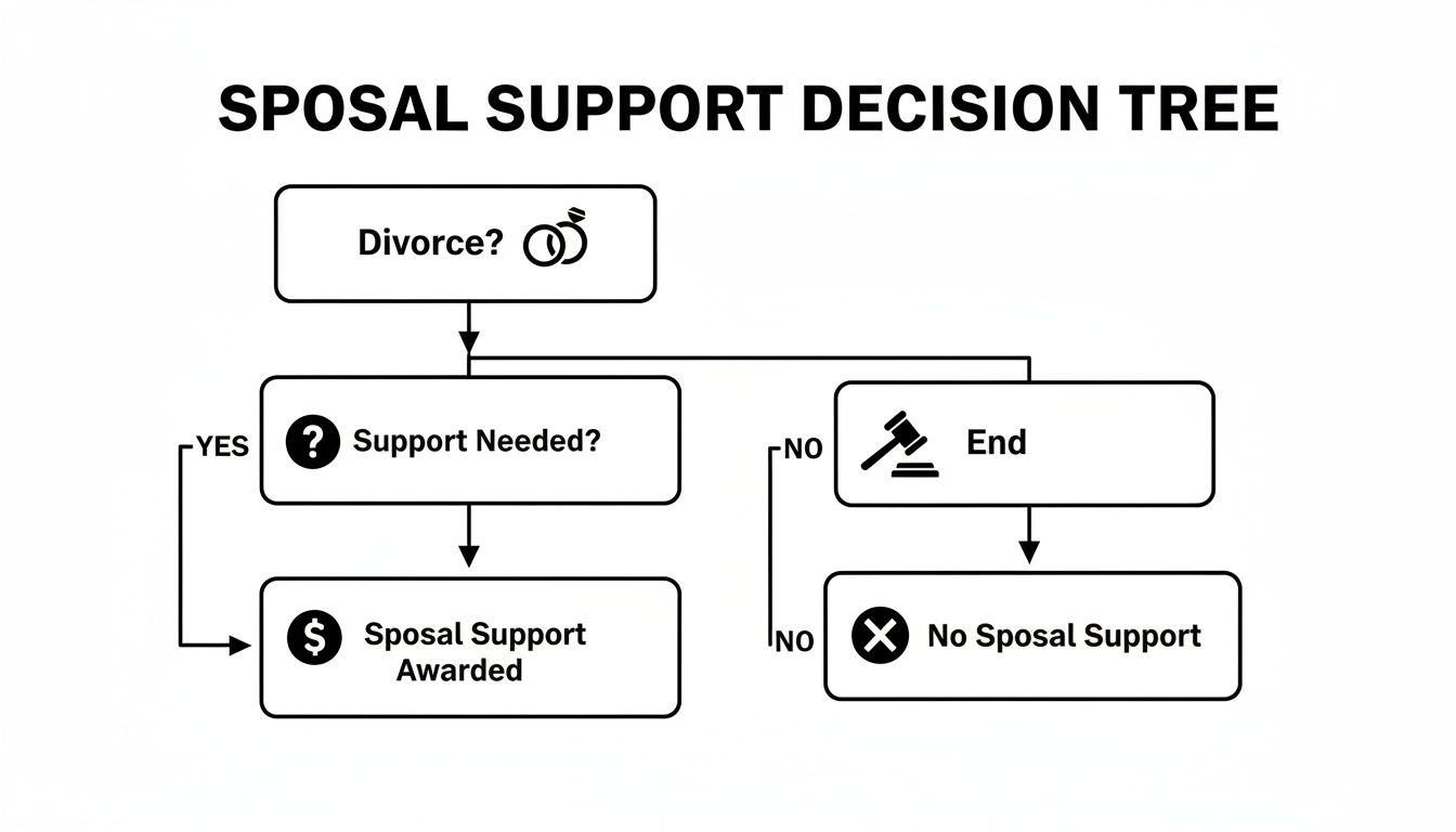 Flowchart illustrating the decision process for spousal support, beginning with divorce and need.