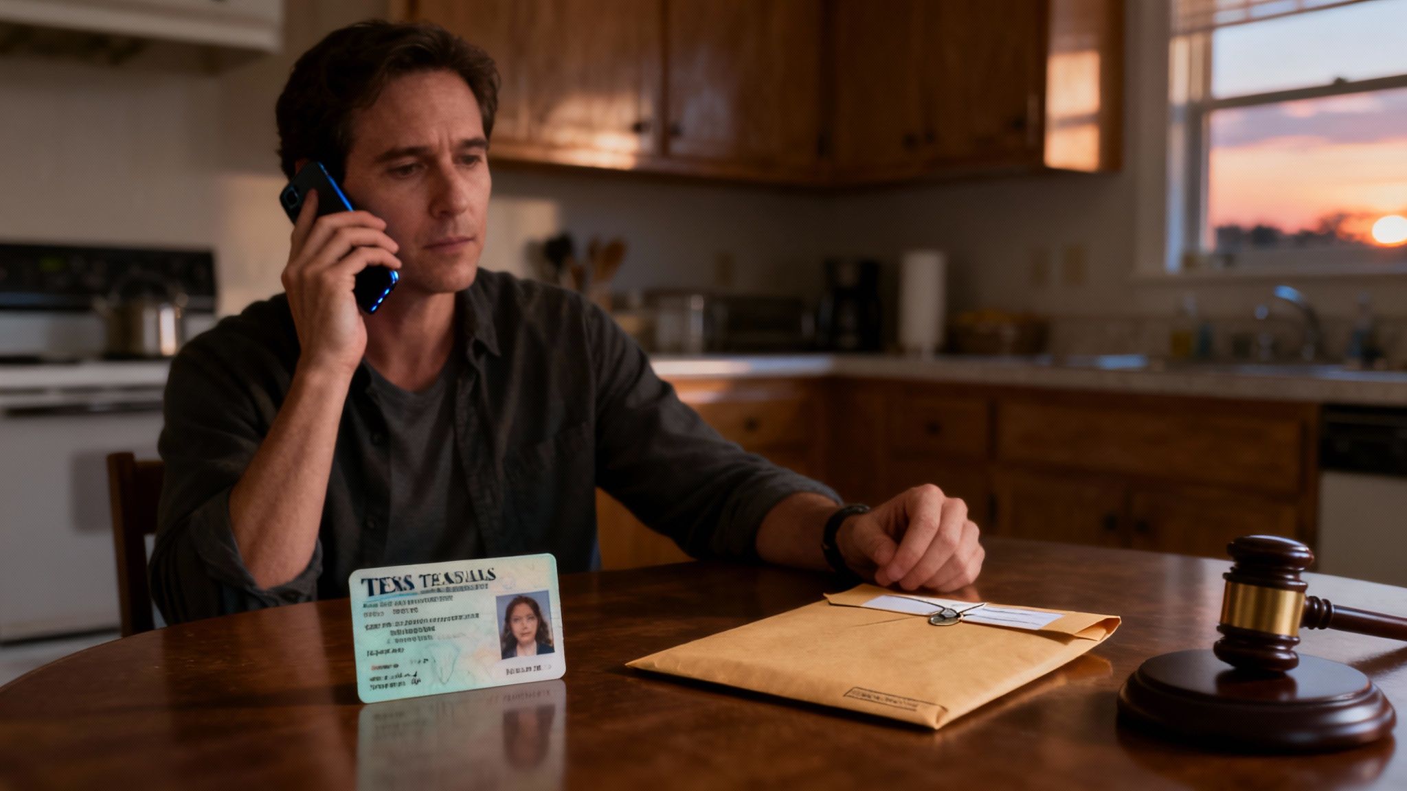 Man on phone in kitchen, holding Texas ID and envelope, with gavel on table, representing legal consultation for DWI defense.