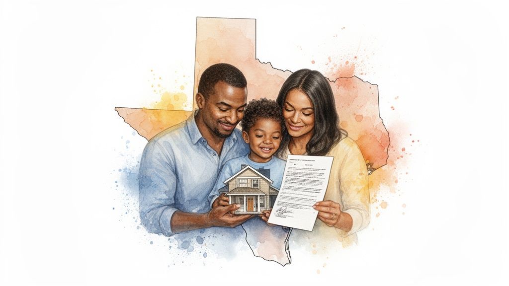 Family celebrating estate planning success in Texas, holding a house model and legal document, symbolizing protection of assets and future planning.