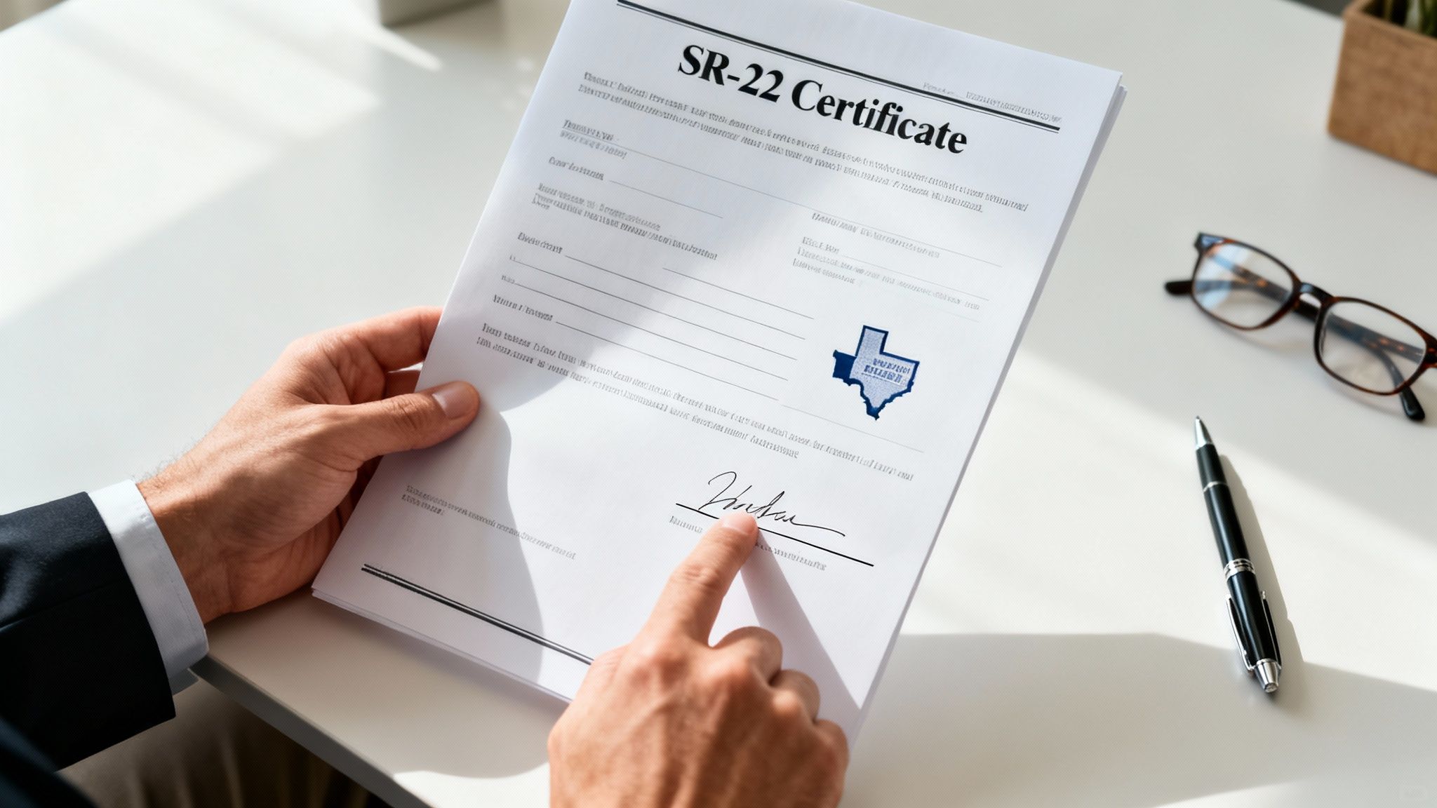 SR-22 certificate document held by a person, featuring Texas state emblem, symbolizing financial responsibility after DUI, with glasses and pen on the table.