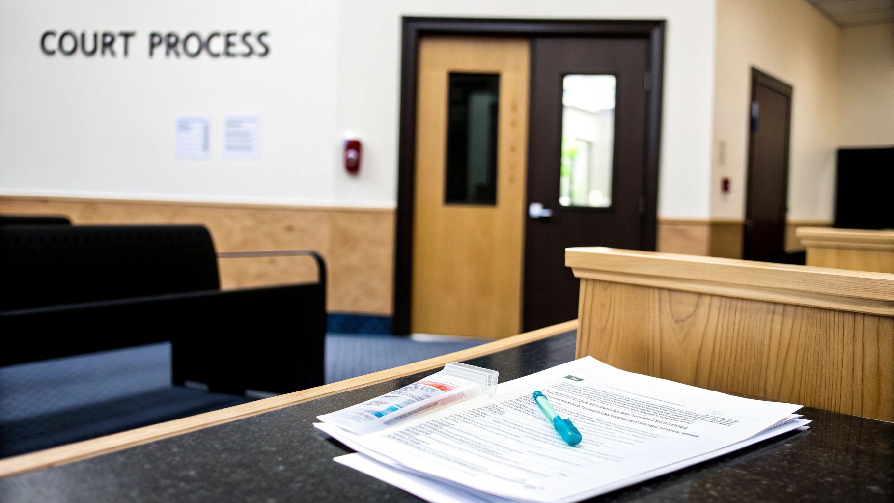 A gavel resting on a law book in a courtroom setting, symbolizing the legal process.