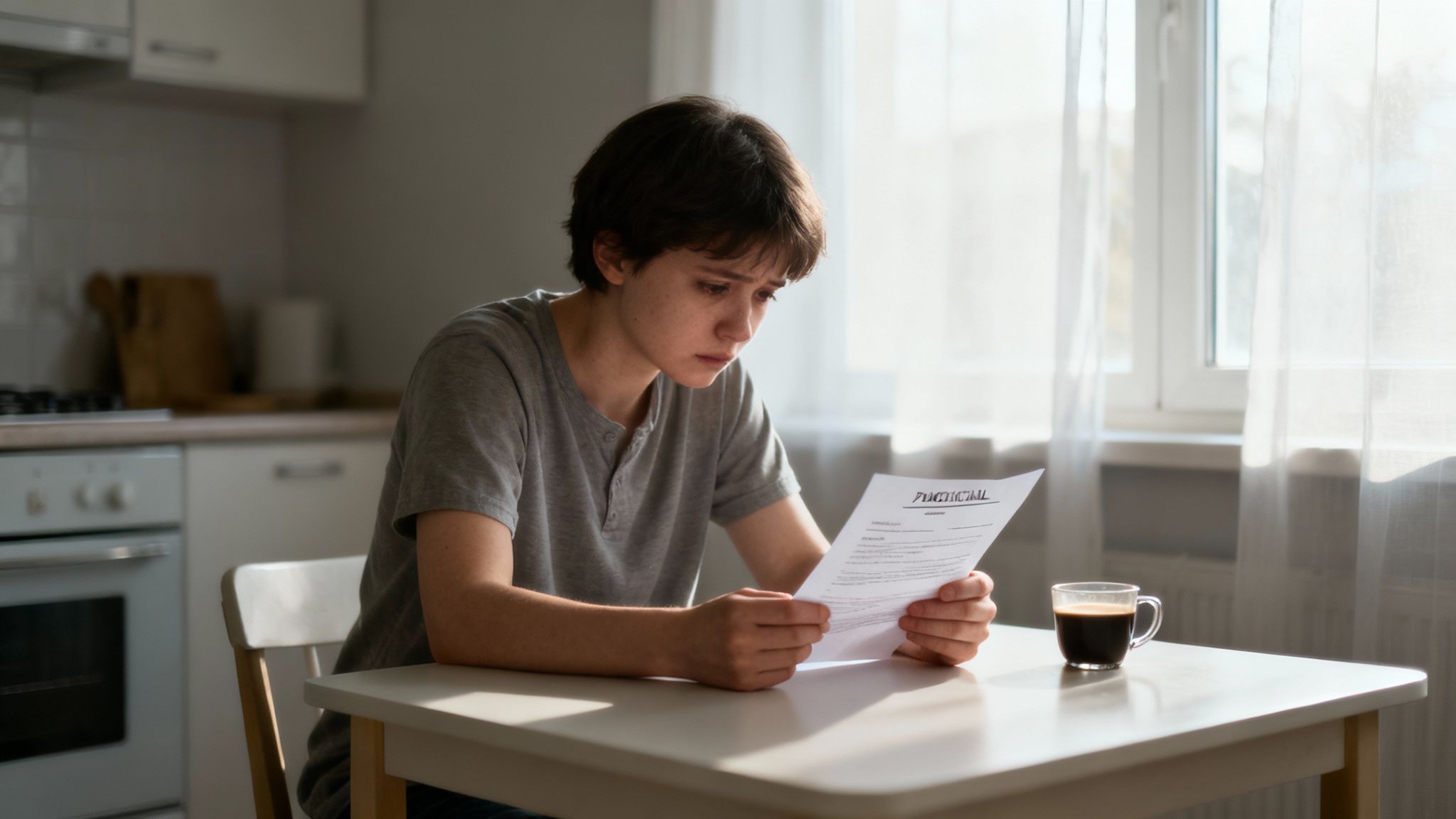 Young person sitting at a table, reading a notice with a concerned expression, reflecting feelings of fear and confusion related to potential parental rights termination, with a cup of coffee nearby.