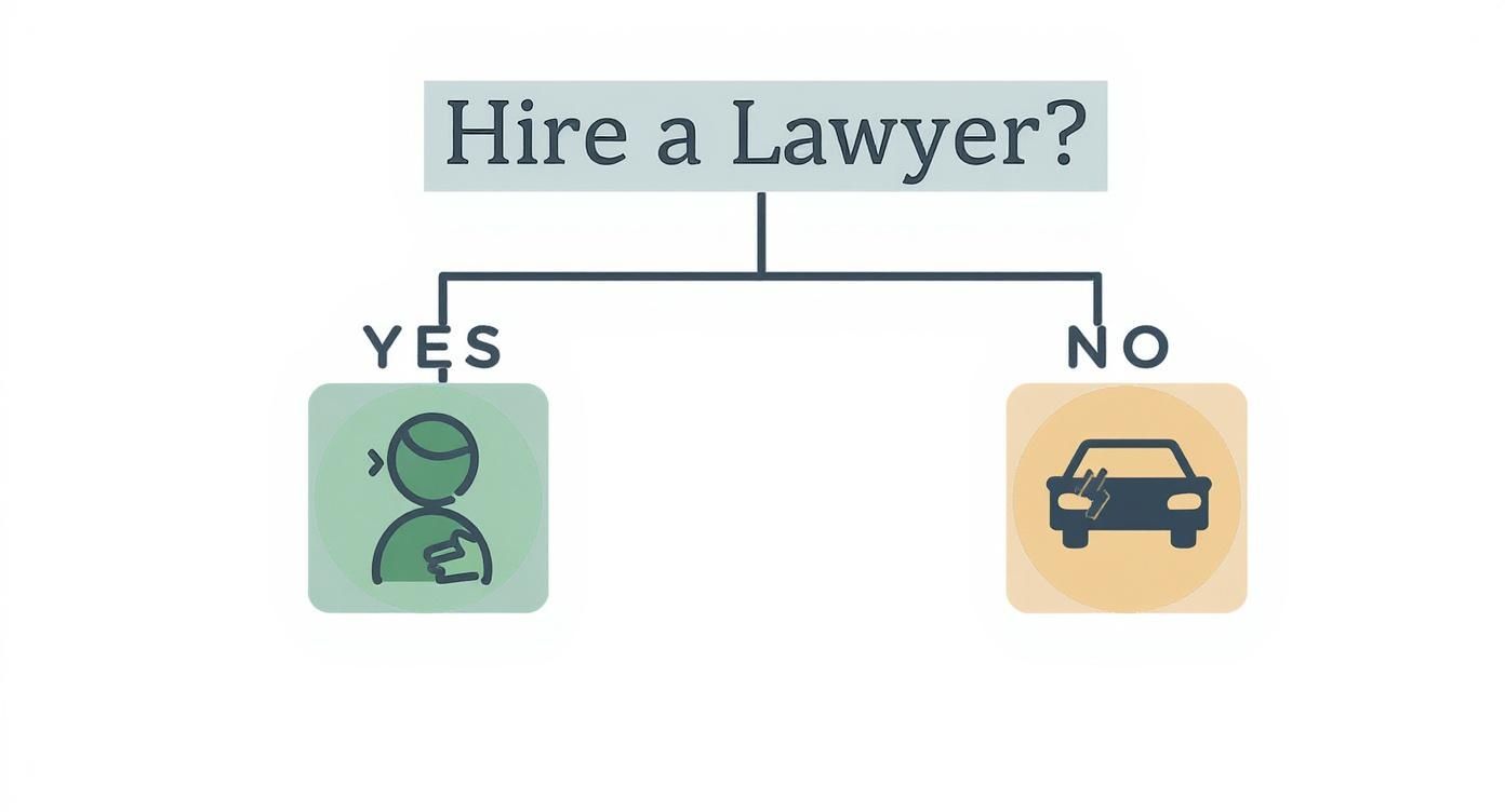 Infographic decision tree asking 'Should I hire a car accident lawyer?' with paths for 'YES' leading to an icon of an injured person and 'NO' leading to an icon of a minor car scratch.