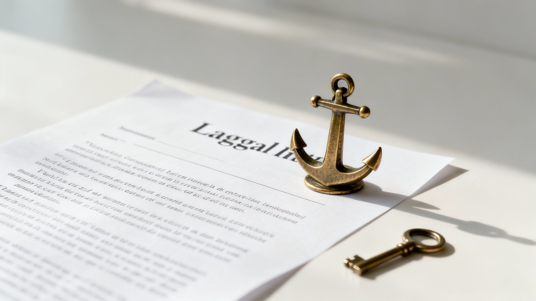 A bronze anchor and key resting on a document with text on a white surface.