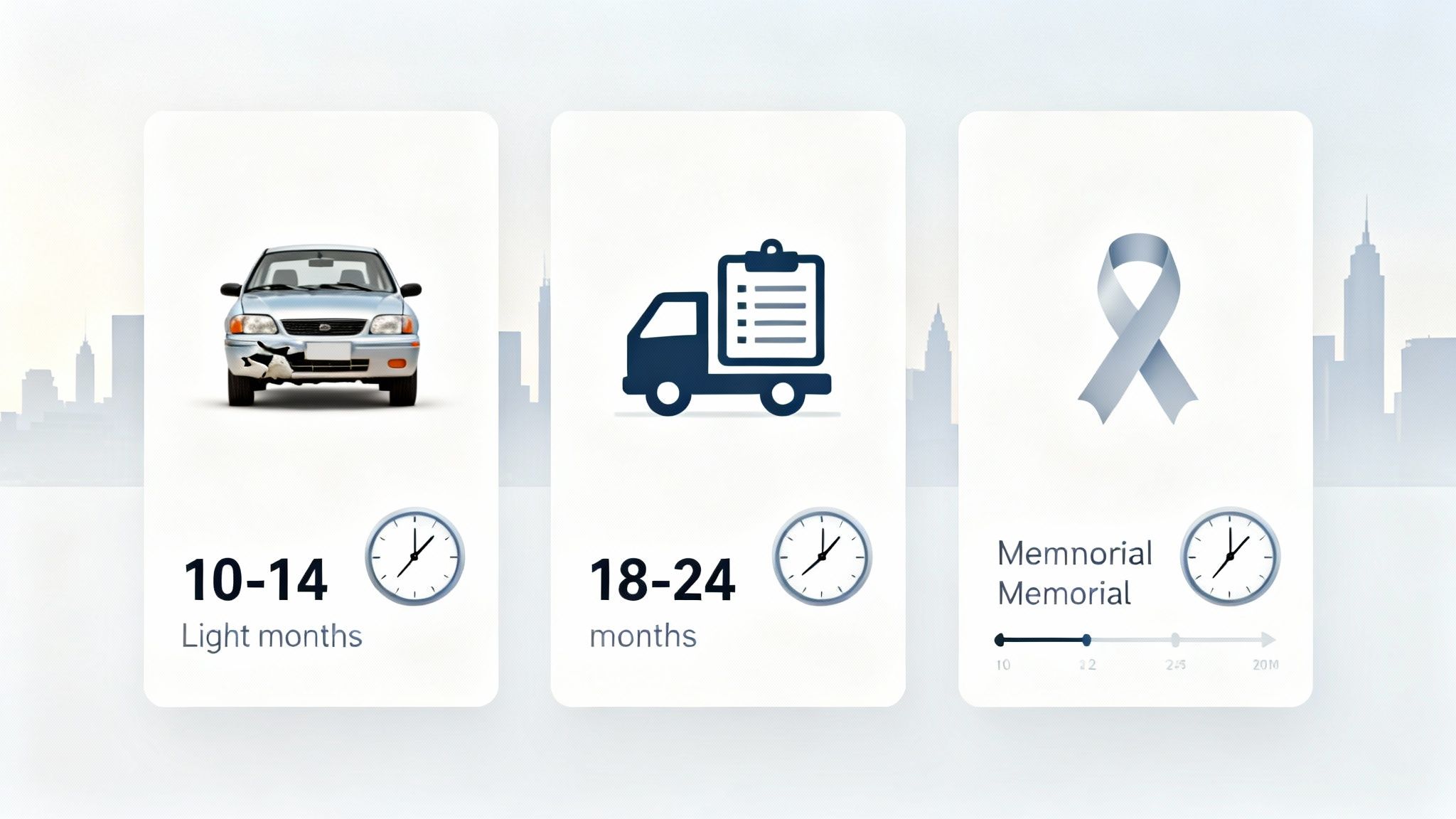 Three infographic cards illustrating timeframes for different personal injury cases: car accident, delivery, and memorial claims.