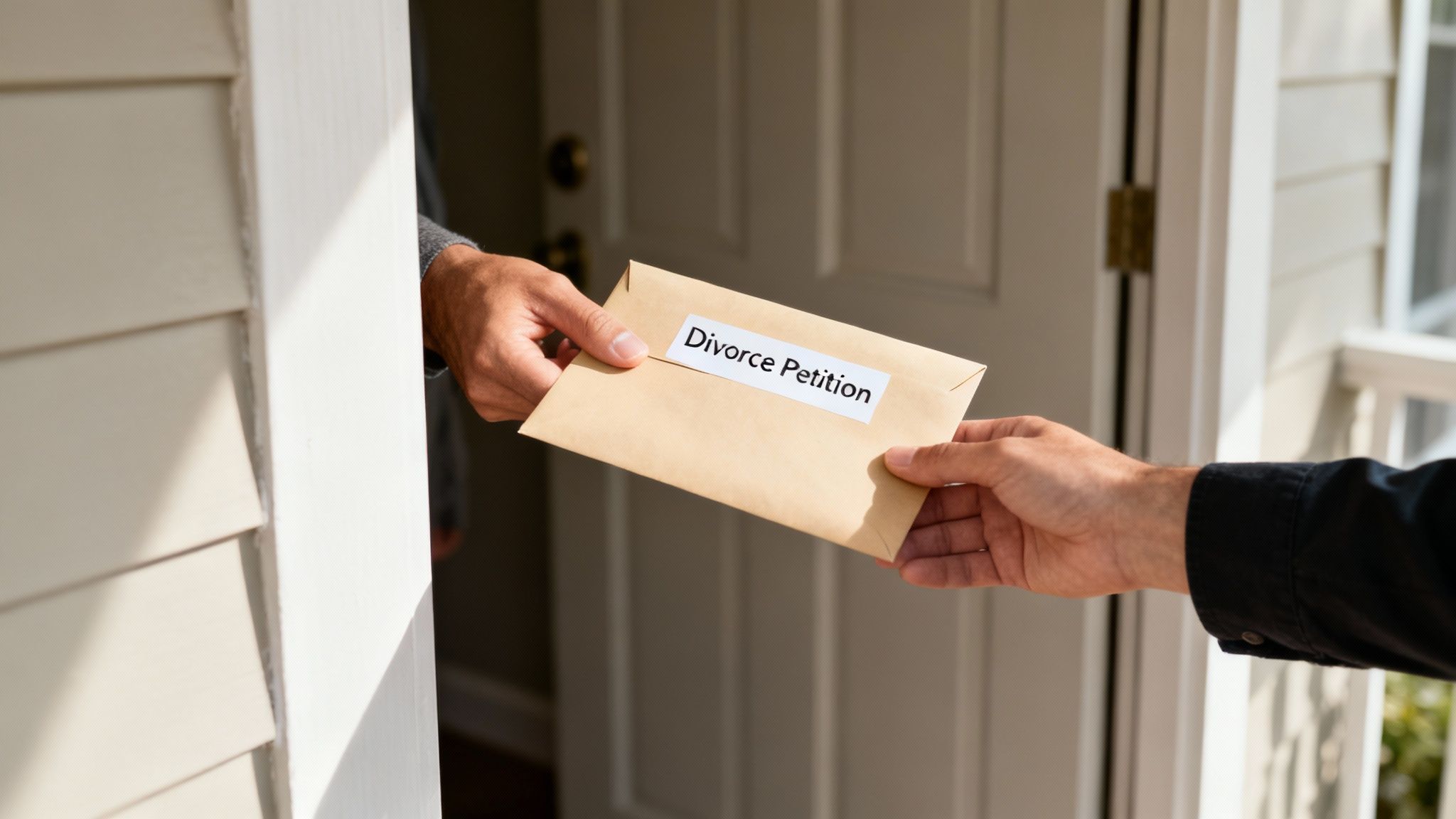 A person drafting a legal document at a desk with a laptop and coffee.