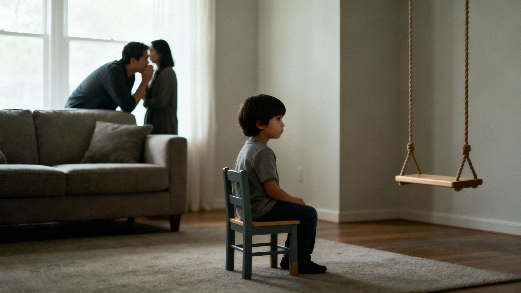 A lonely child sits on a chair while parents embrace in the blurry background.