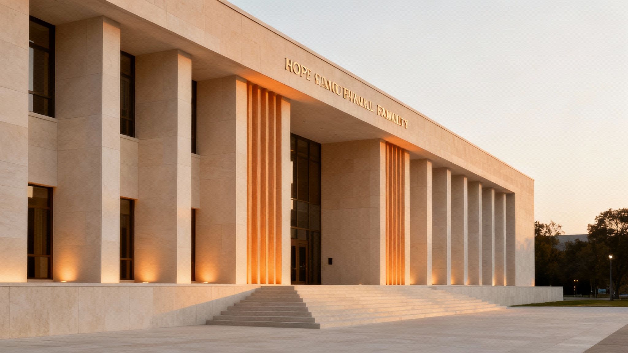Exterior view of the Fourteenth Court of Appeals building in Texas, featuring modern architecture with light-colored stone, prominent columns, and illuminated steps, symbolizing justice and family law appeals.