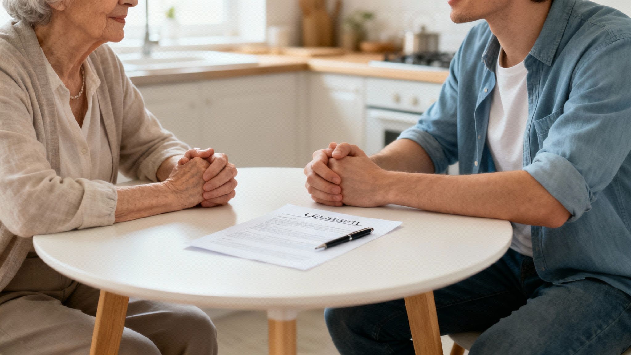 An older woman and younger man sit opposite, a document and pen on the table.