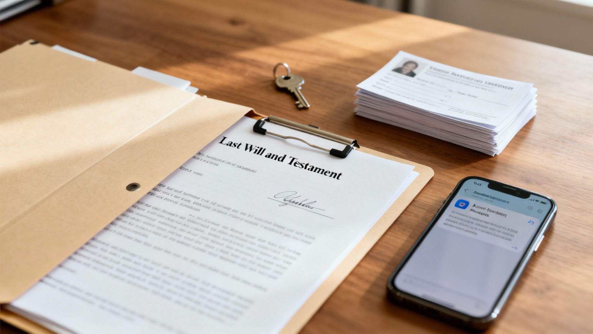 Legal documents, including a last will, a house key, and a phone on a wooden desk.