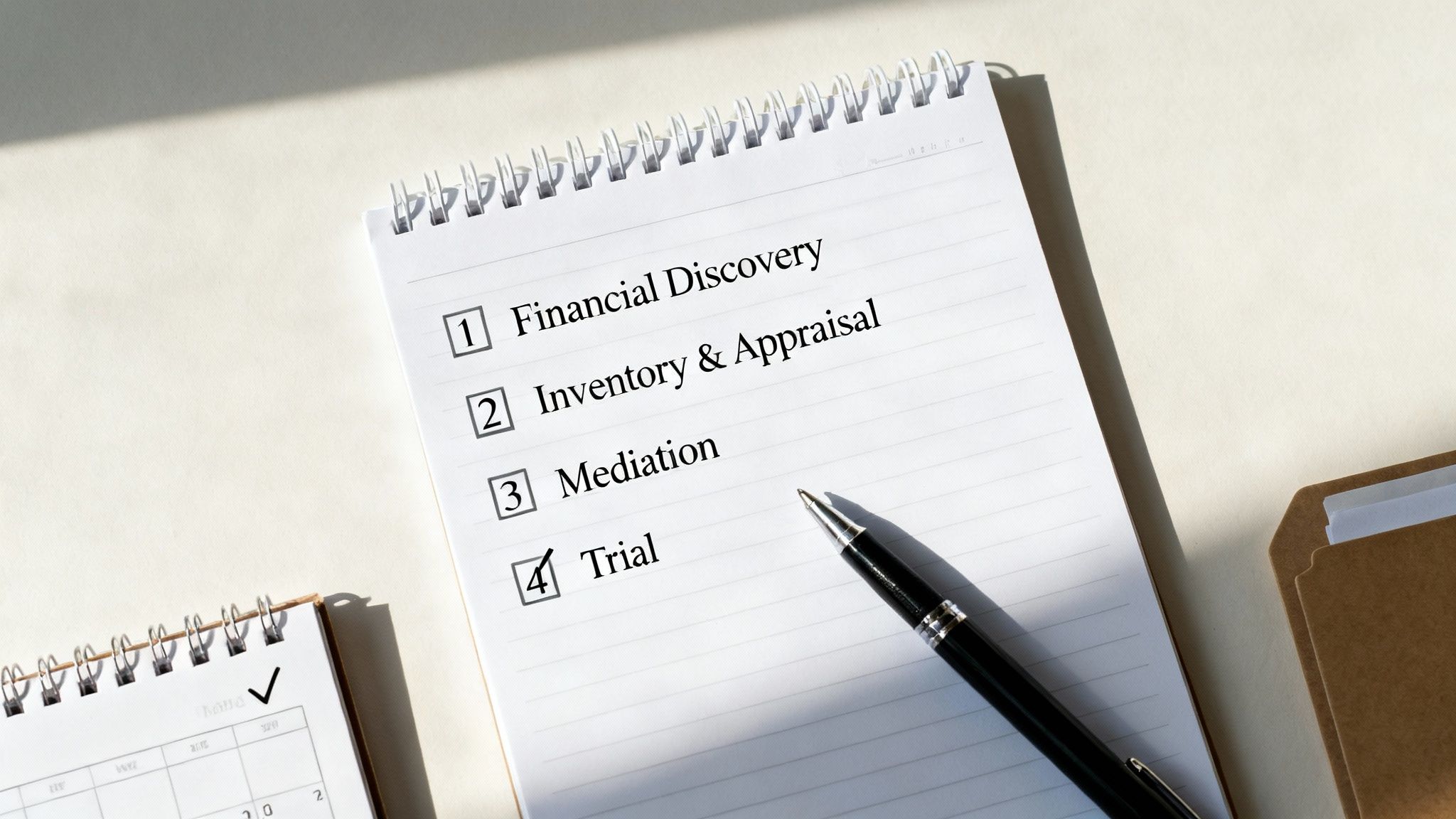 A checklist in a notebook outlining steps for property division, with the 'Trial' item checked.