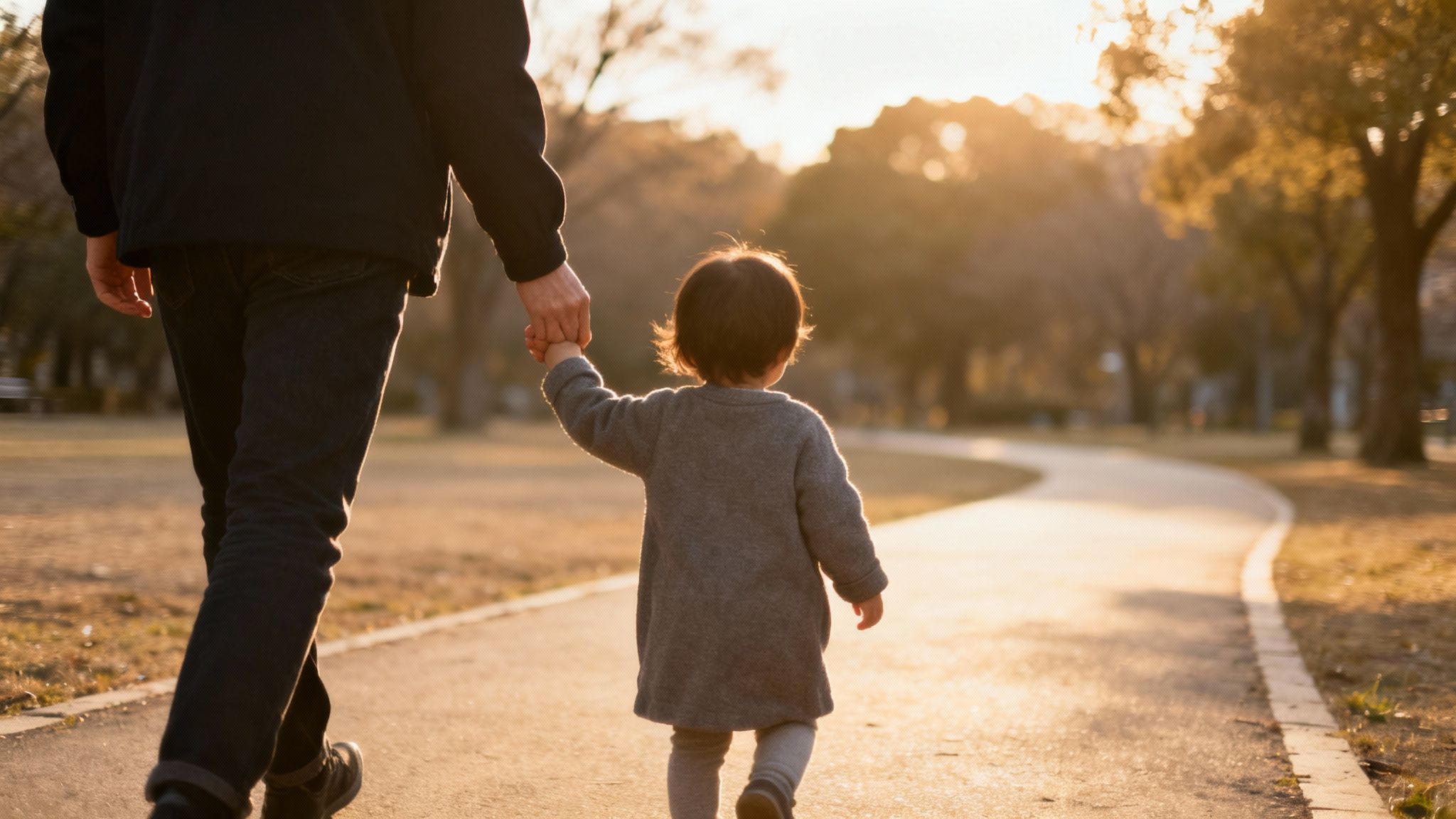 Un adulto y un niño pequeño caminan de la mano por un sendero soleado en un parque al ataredecer.