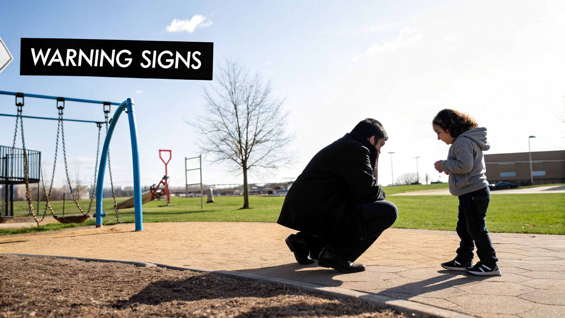 A man kneels to speak with a child on a sunny playground, with text 'WARNING SIGNS'.