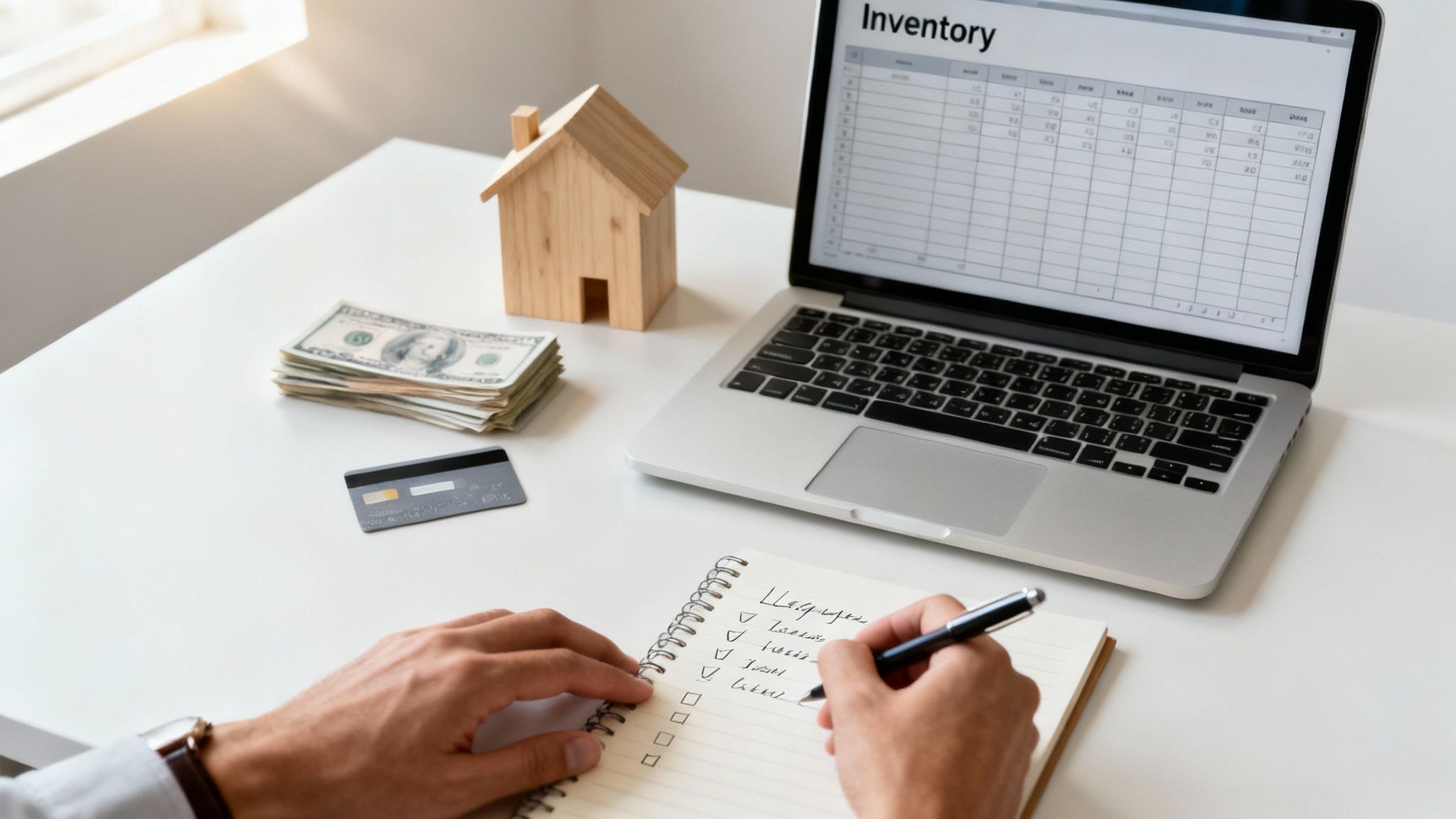 Person writing estate planning checklist with laptop showing inventory spreadsheet, cash, and house model