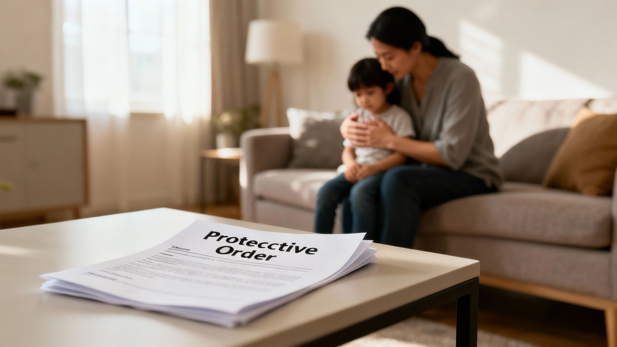 A stack of 'Protective Order' documents on a table, with a mother comforting her child on a sofa in the background, suggesting a legal case.