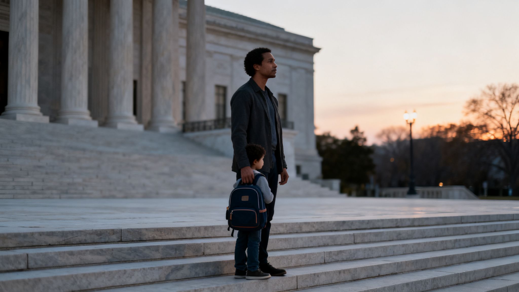 A father and young son stand reflectively on the steps of a courthouse at sunset.