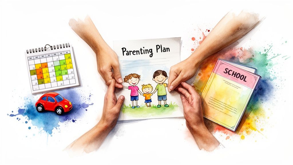 Hands holding a 'Parenting Plan' document, with a calendar, toy car, and school books nearby, symbolizing co-parenting arrangements.