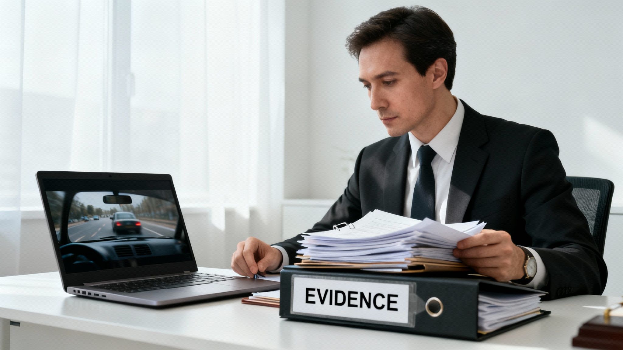 Attorney reviewing evidence for a first DWI case in Texas, with a laptop displaying dashcam footage and a binder labeled "EVIDENCE."