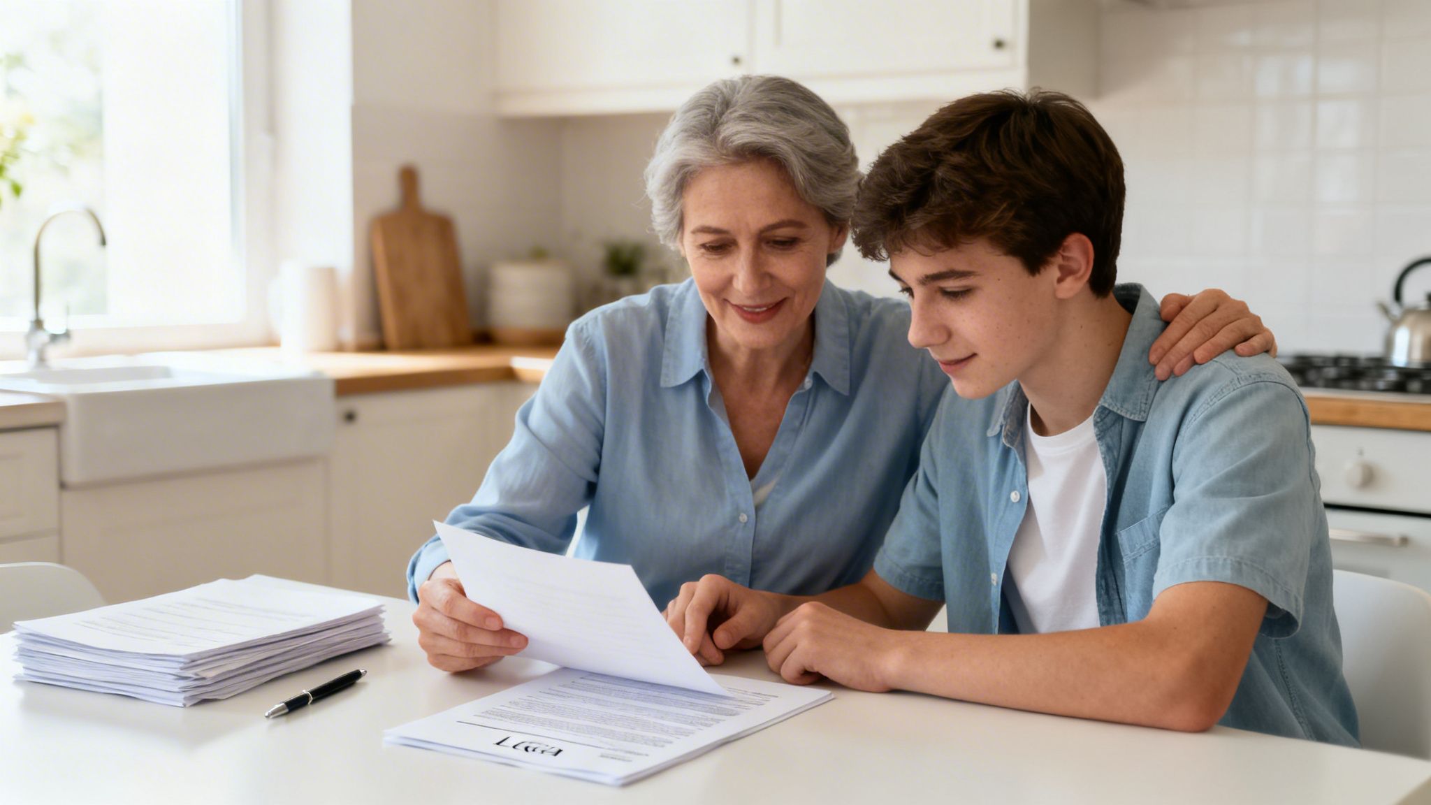 Grandmother and grandson reviewing legal documents together at a kitchen table.