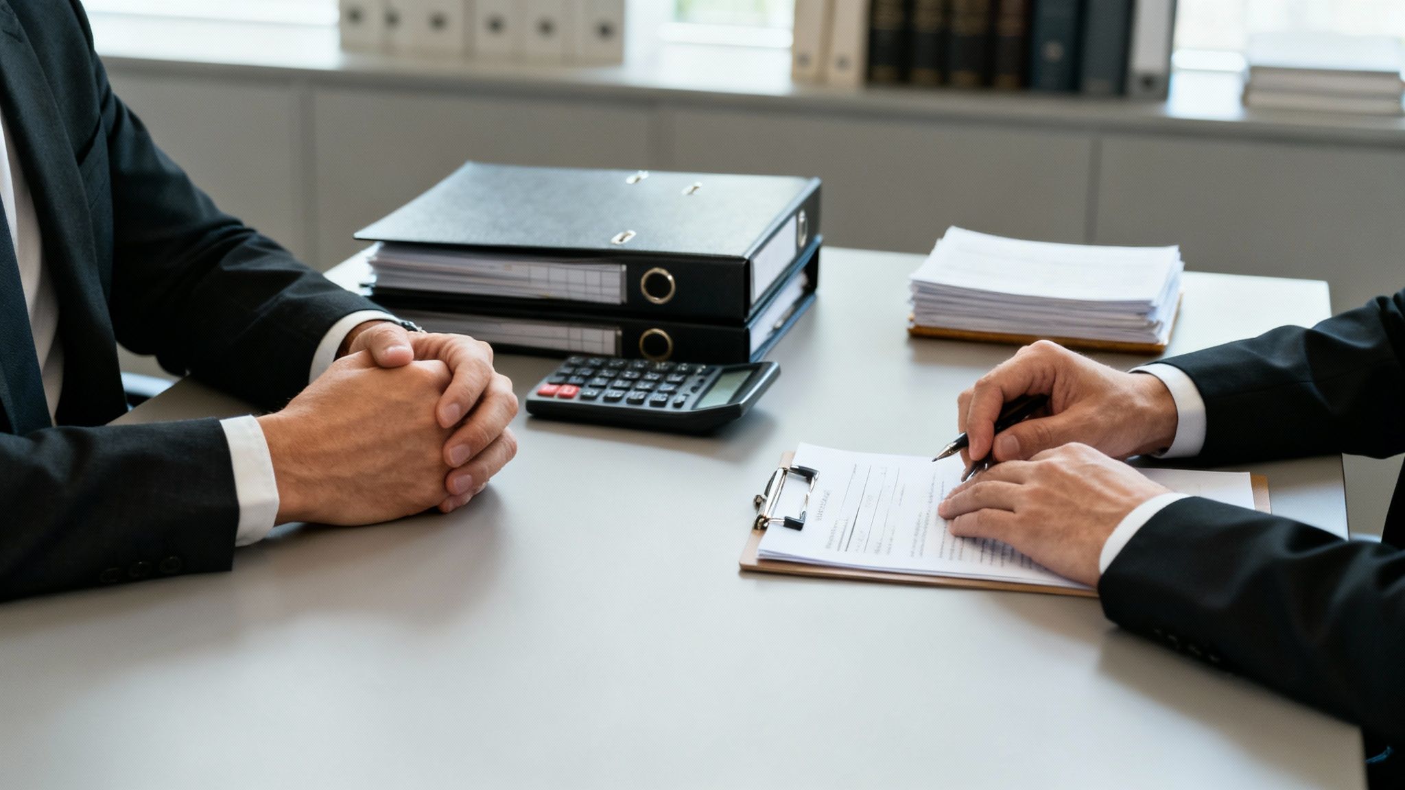 Dos hombres en traje revisan documentos legales en una oficina con carpetas y una calculadora.