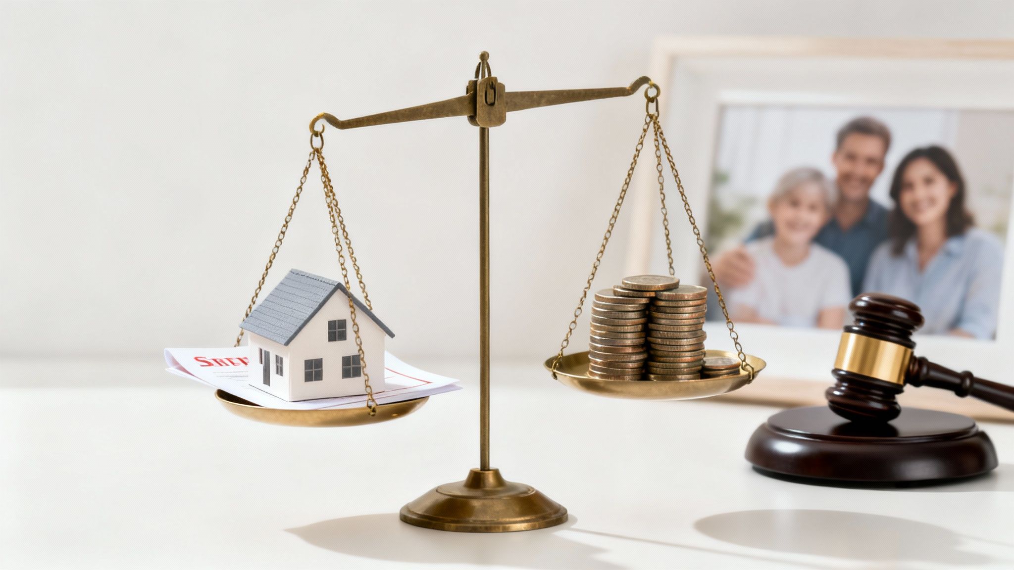 A balance scale compares a house model and legal documents with stacks of coins, alongside a gavel and family photo.