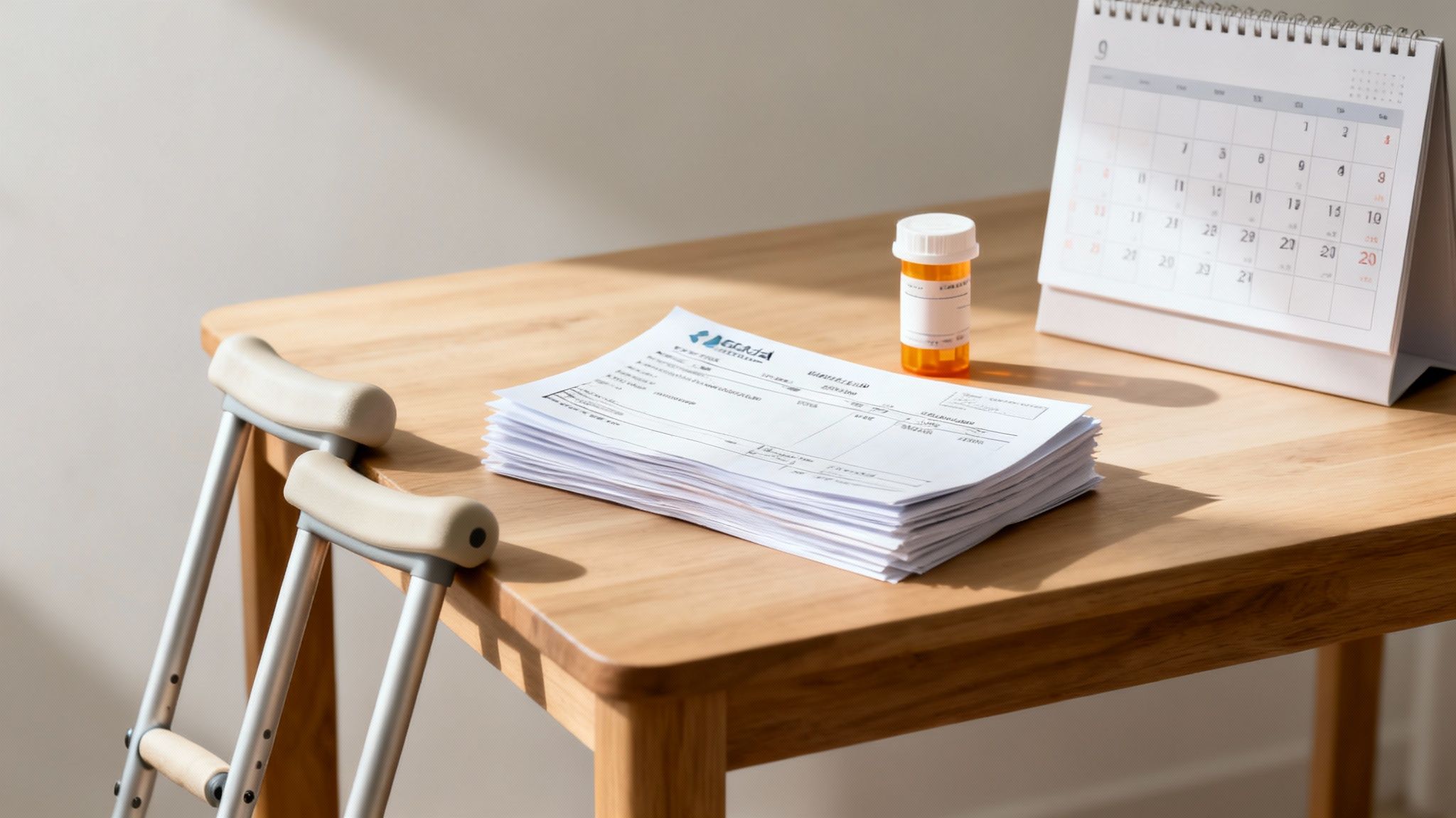 A stack of medical forms, a pill bottle, crutches, and a calendar on a wooden desk.